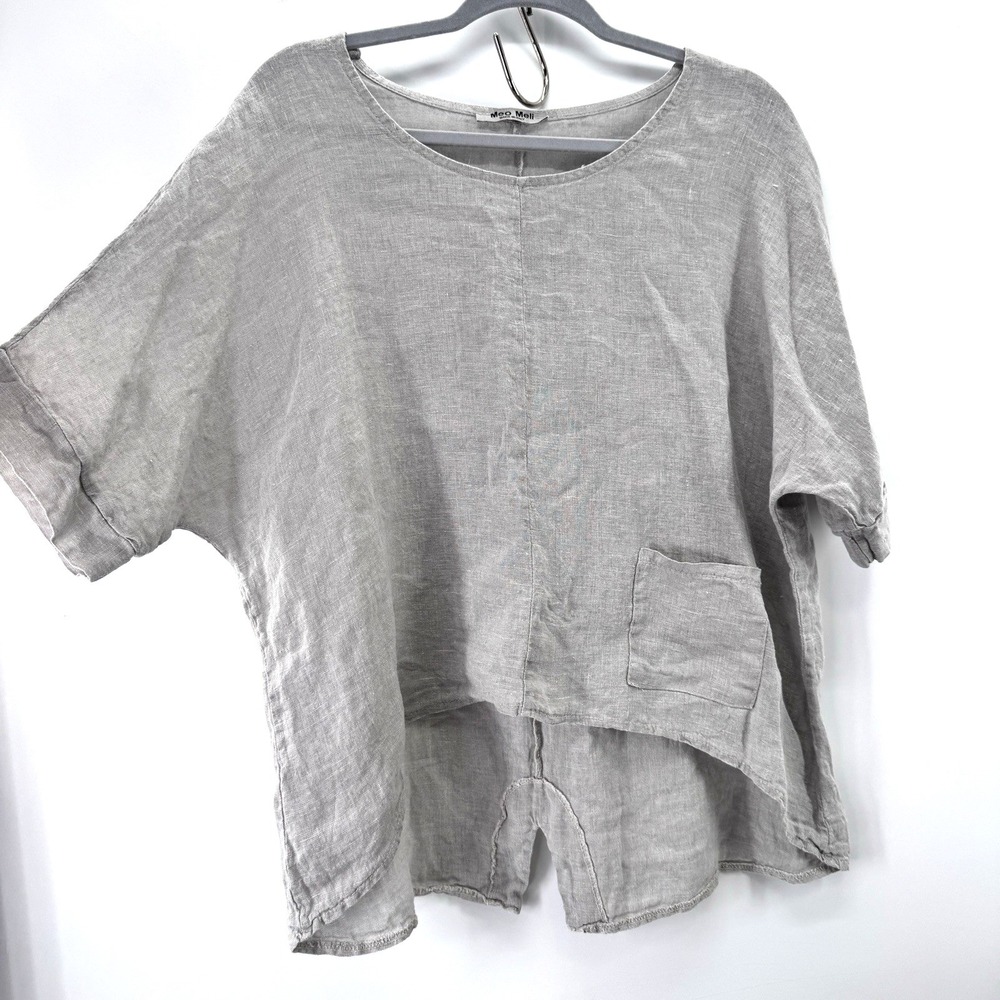 Meo Meli Italy Gray 100% Linen Top One Size Lagenlook Earthy Minimalist Natural